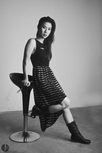 Linda Dao modeling a black dress black and white photo