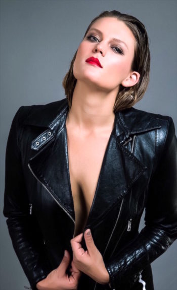 Lydia Mae topless modeling a leather jacket